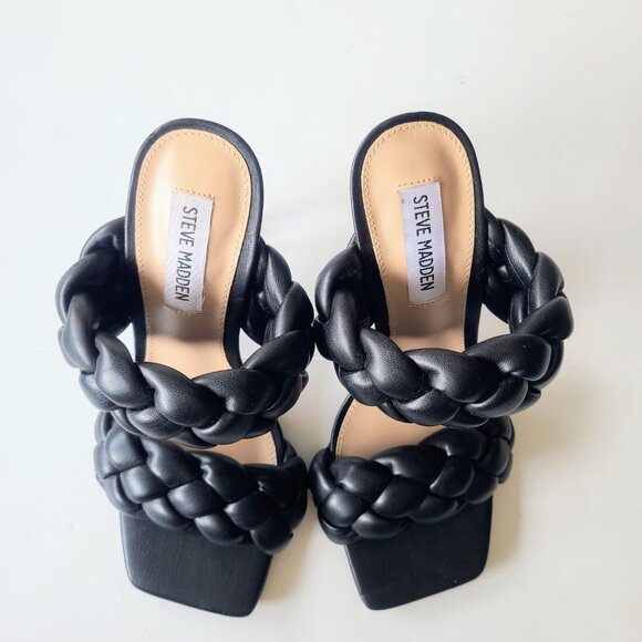 Steve Madden 'Kenley' Chunky Black Braided Leather Sandal Stiletto Heels Size 7 - Picture 4 of 14